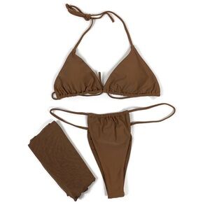 Matte Collection Brown 3Piece Bikini Set Triangle String Swimsuit